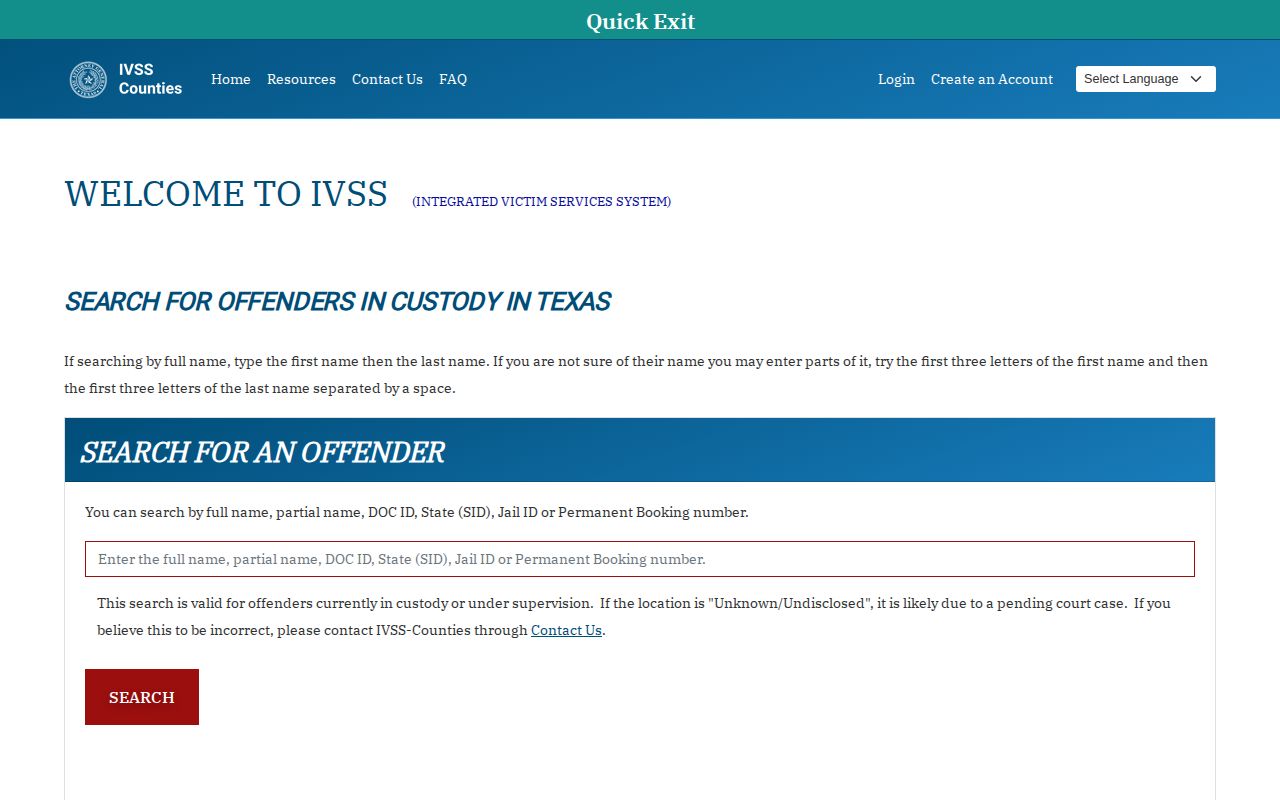Hansford County IVSS inmate search fields and release status limits