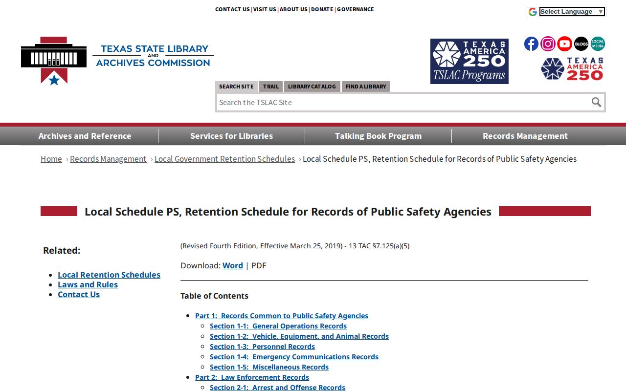 Texas retention schedule showing permanent county jail register fields and release or transfer date