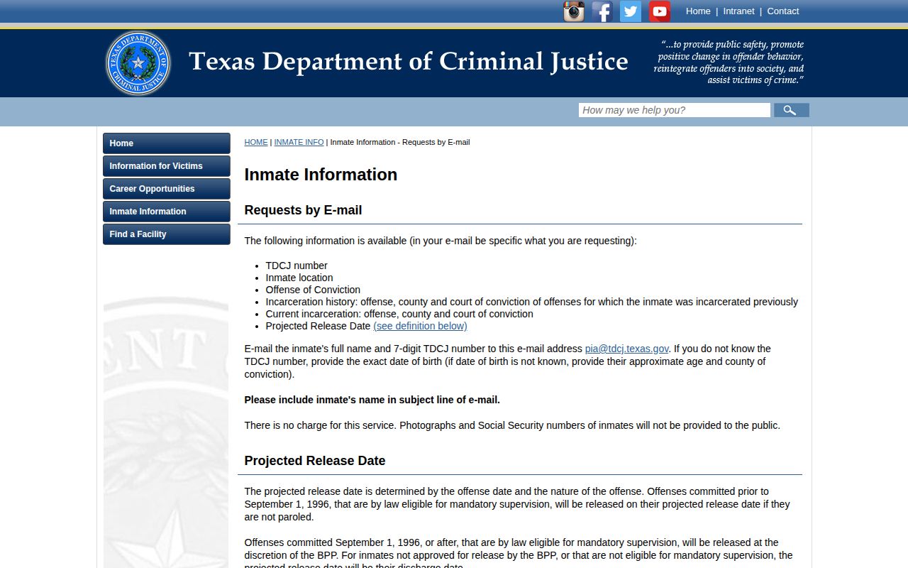 TDCJ offender information page listing requestable fields and stating that photographs are not provided