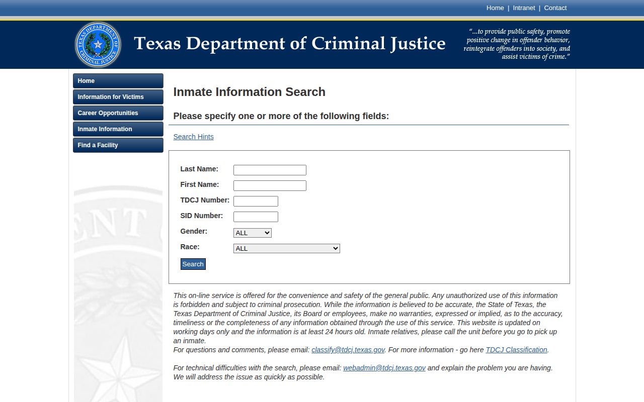 TDCJ inmate search fields and current incarceration warning